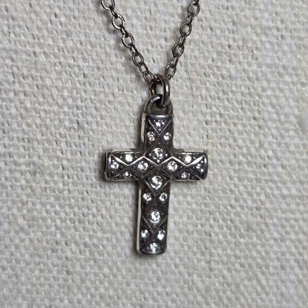 Brighton Silver Tone Crystal Pave Cross Pendant Necklace Double Sided 10"